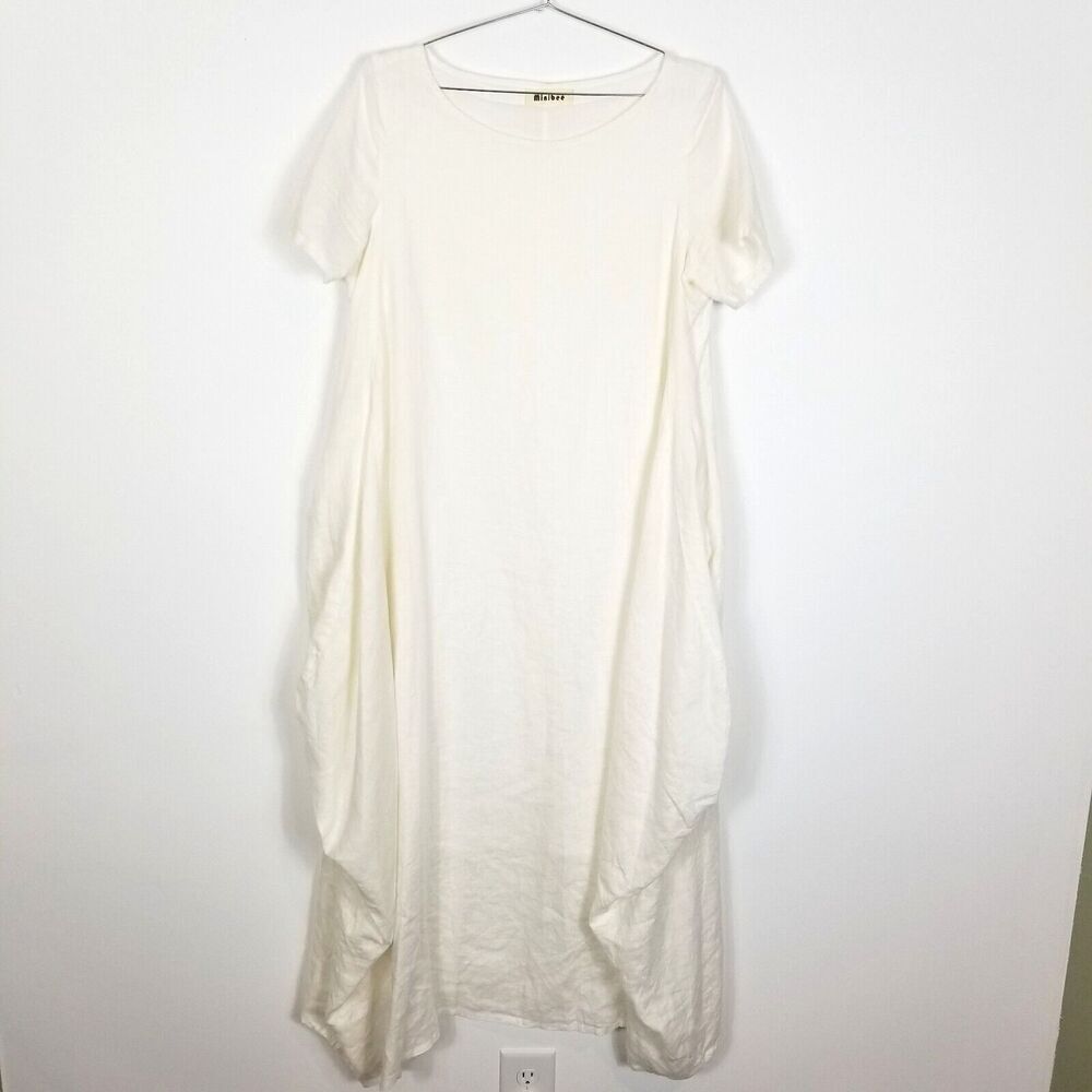 Minibee Women Linen Lagenlook Midi Dress Size‎ S/M White Relaxed Short Sleeve - Picture 1 of 9